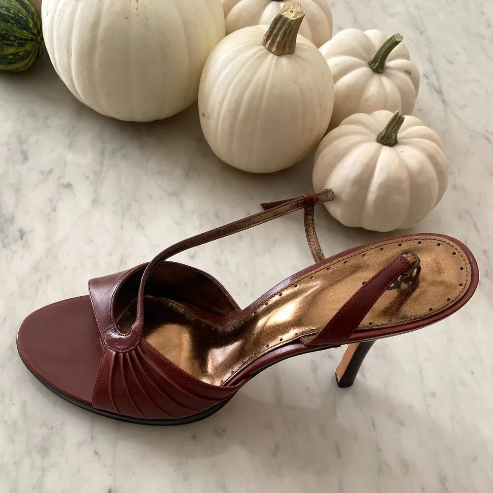 Brown Strappy Leather Heels (NWOT) - Size 11 - Picture 3 of 5